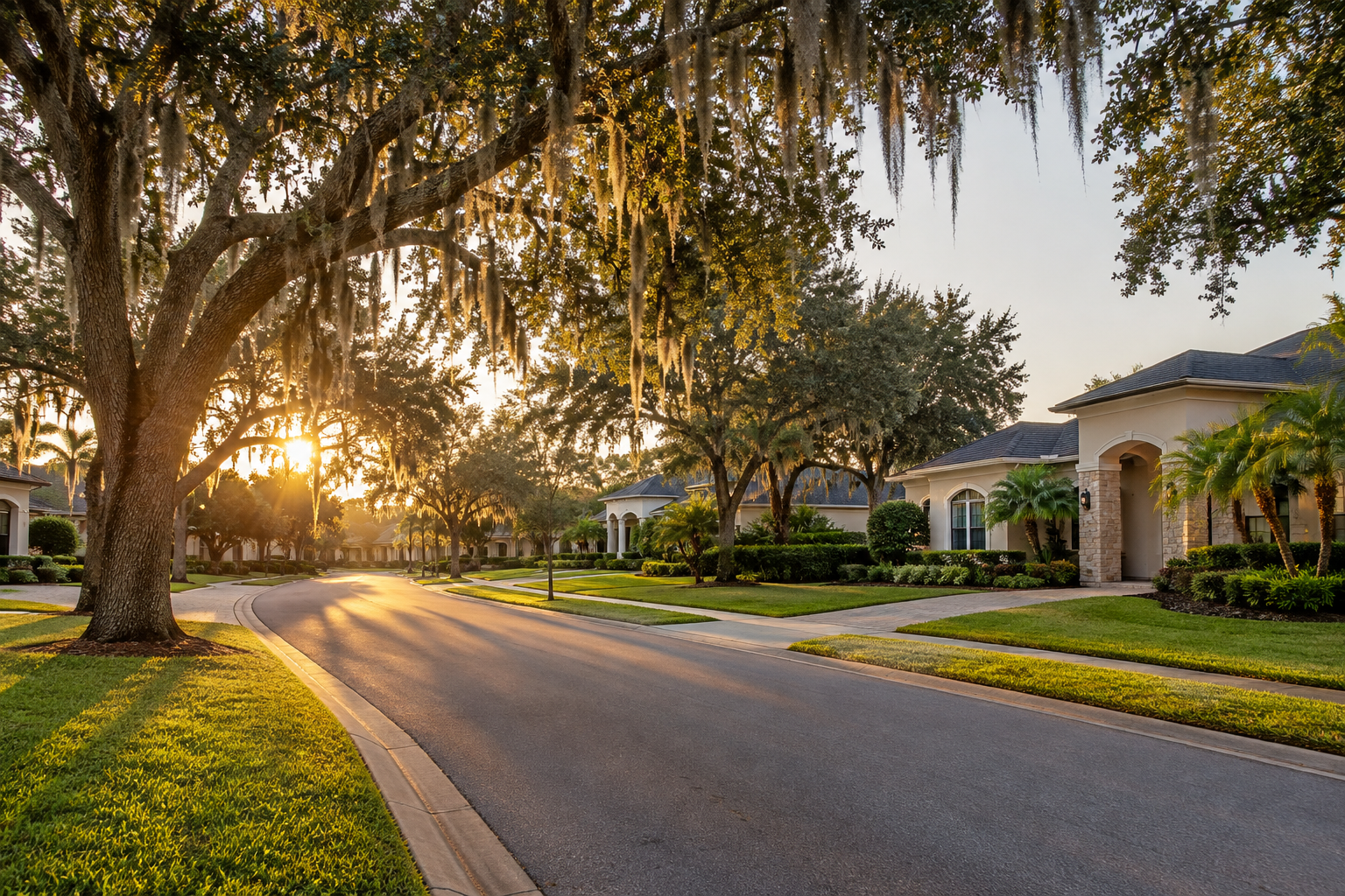 A Windermere Florida neighborhood street at golden hour, illustrative