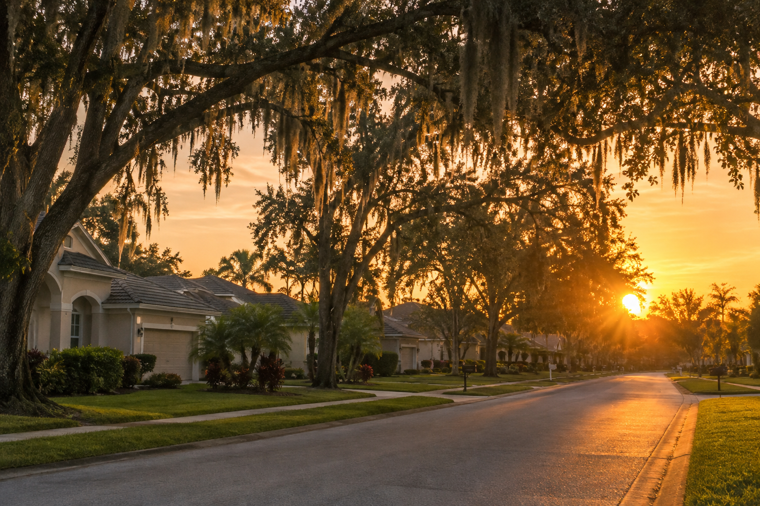 A west Orlando street at sunset, illustrative